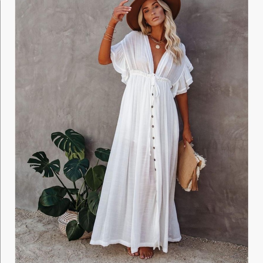 Boho long maxi beach cover up ruffle-white - Picture 5 of 8